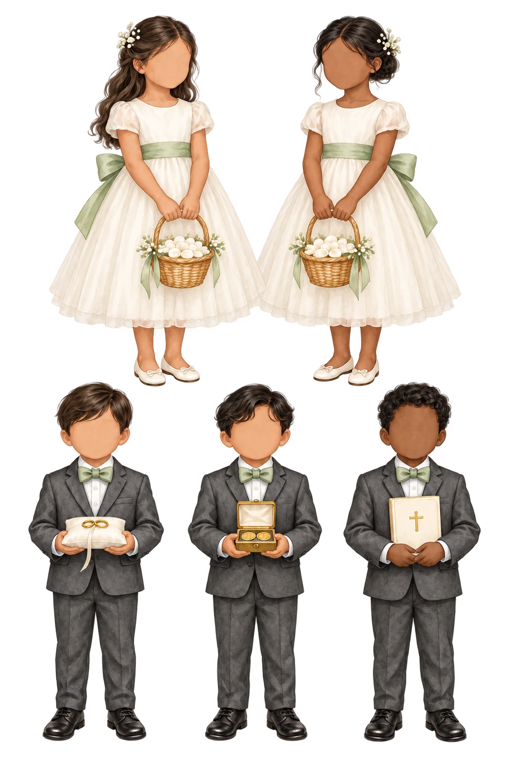 Our little entourage illustrated attire: Flower girls: ivory dresses with pale green accents.<br>Bearers: charcoal suits with pale green bow ties.
