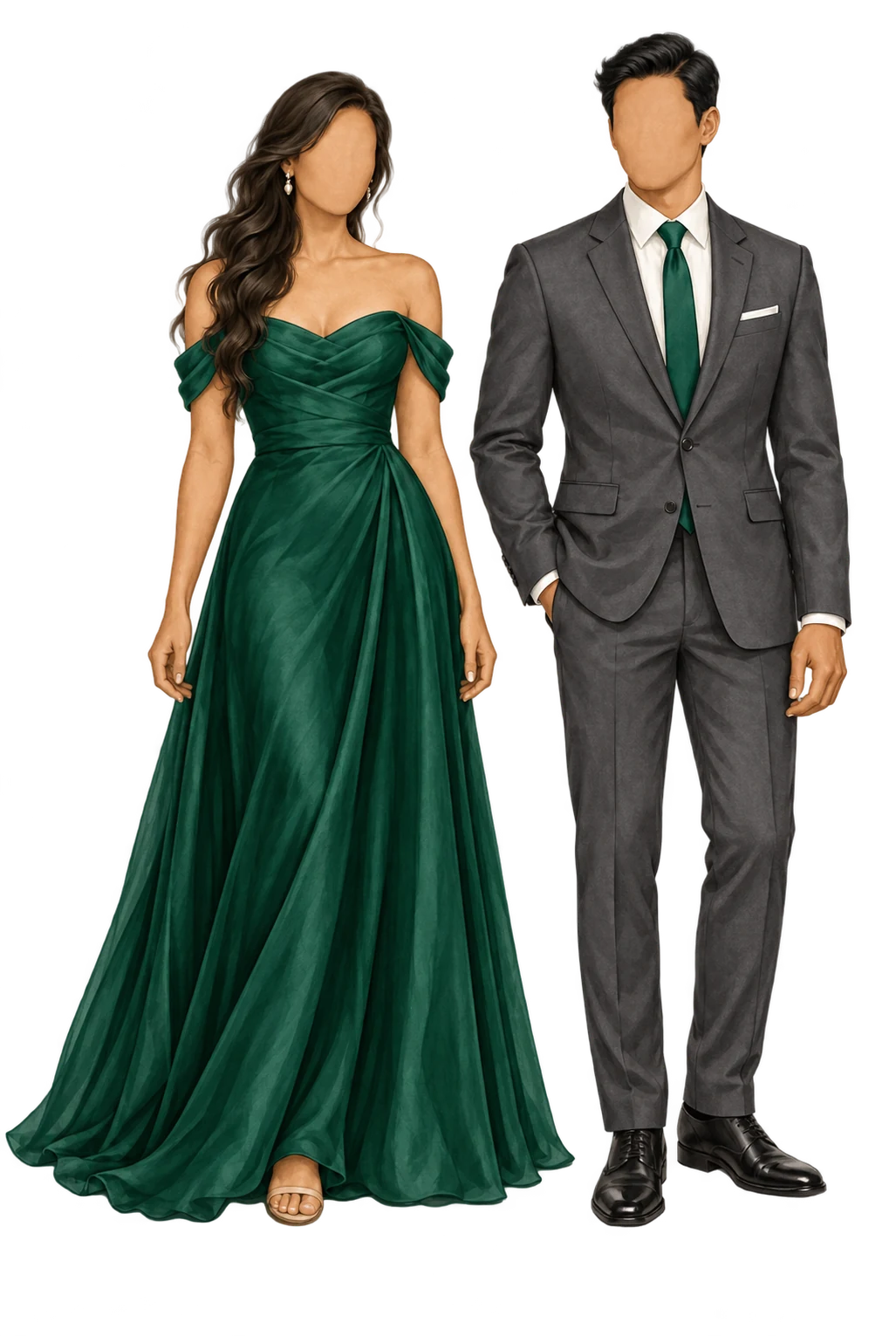 Maid of honor & Best man illustrated attire: Deep emerald gown · Charcoal suit with emerald tie