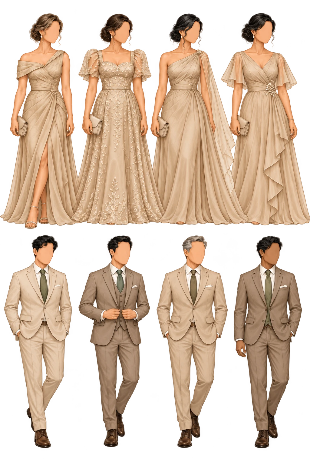 Principal sponsors attire illustrations: four Ninangs in champagne and taupe gowns, and four Ninongs in champagne beige and taupe suits with olive ties and brown shoes
